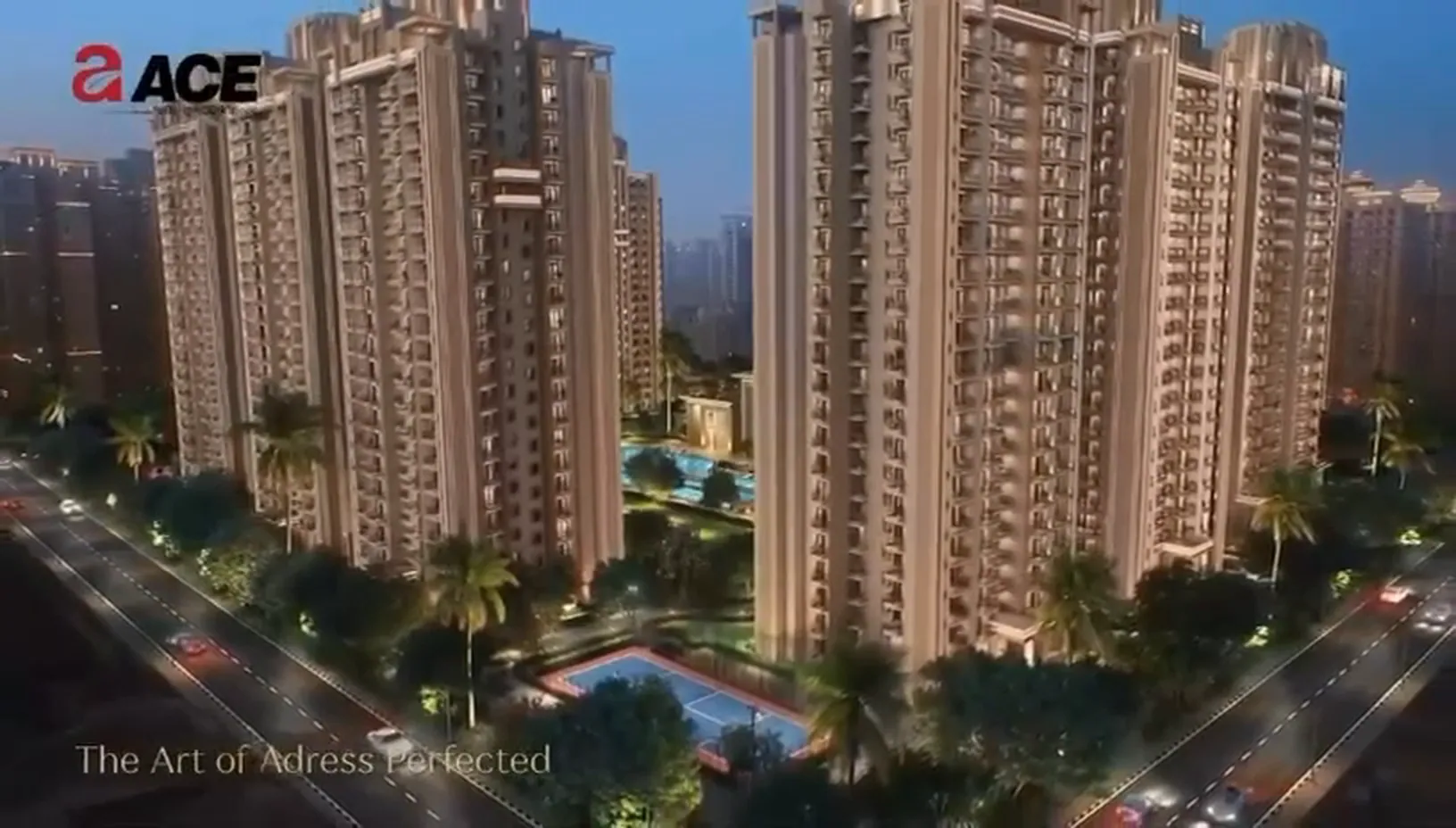 The towers and landscape at night, an ACE Group project render for ACE Arte