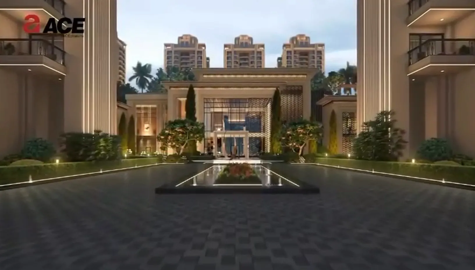 The entrance plaza at night, an ACE Group project render for ACE Arte